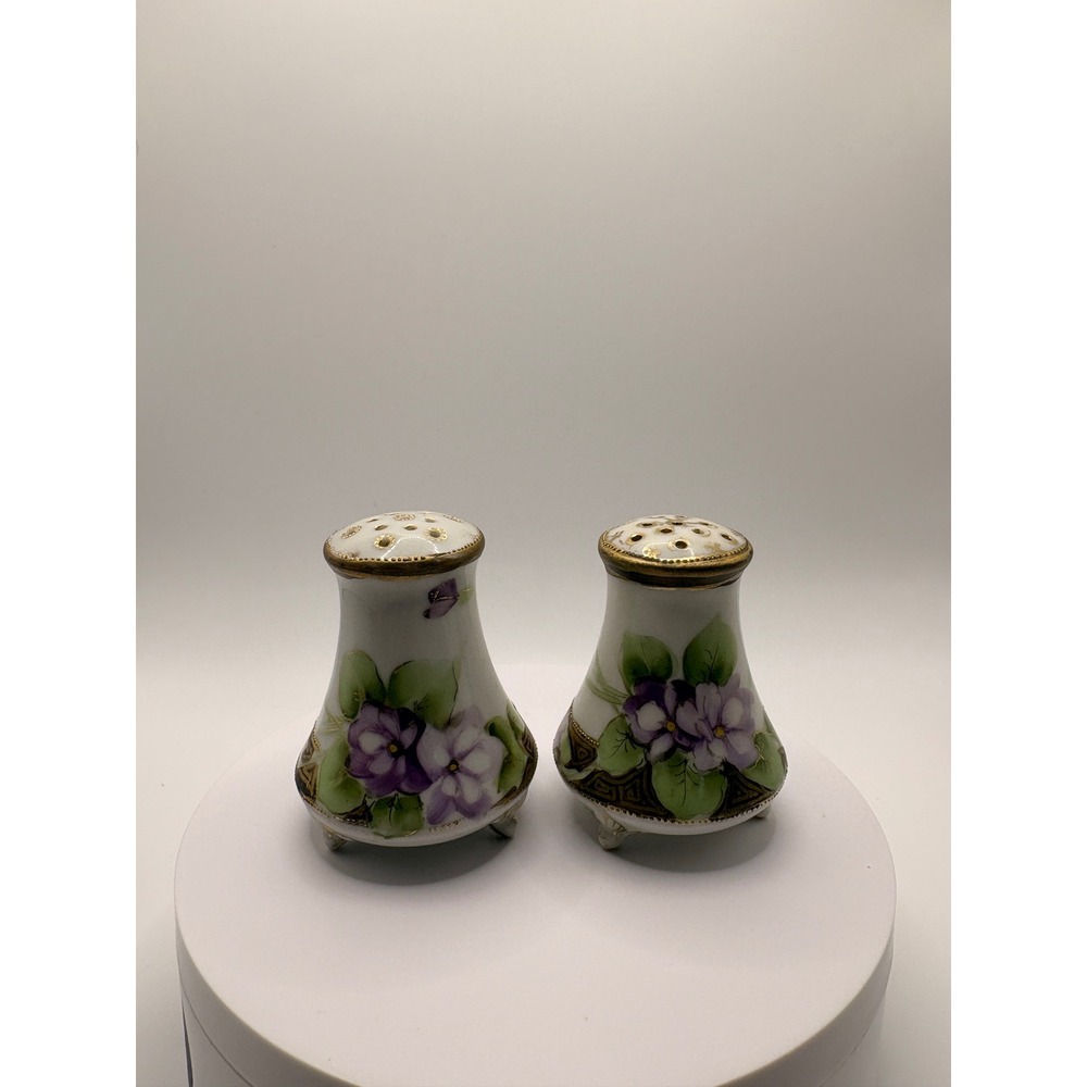 Vintage Hand Painted Porcelain Violet Floral Salt and Pepper Shakers Set Gold